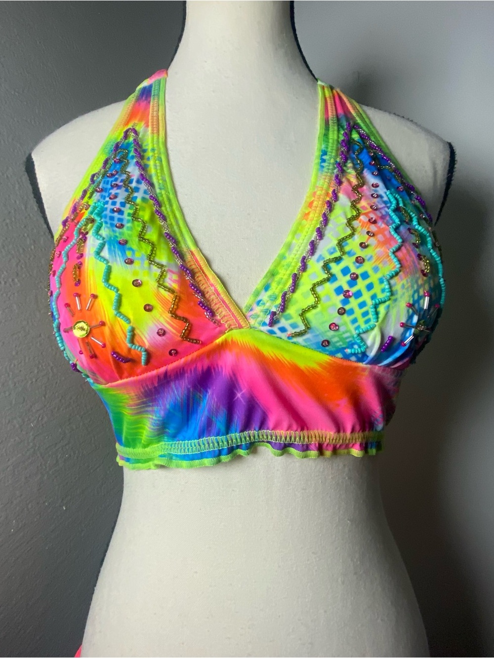 Trippy Multicolor Tie Dye Beaded Bikini Top Size Medium